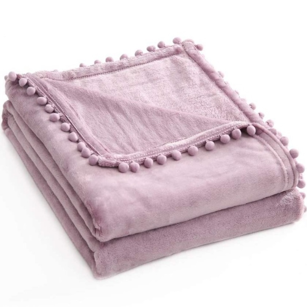 Light Lilac Purple Cute Pompom Fringe Chic Cozy Soft Trendy SofaThrow Blanket - Picture 5 of 16